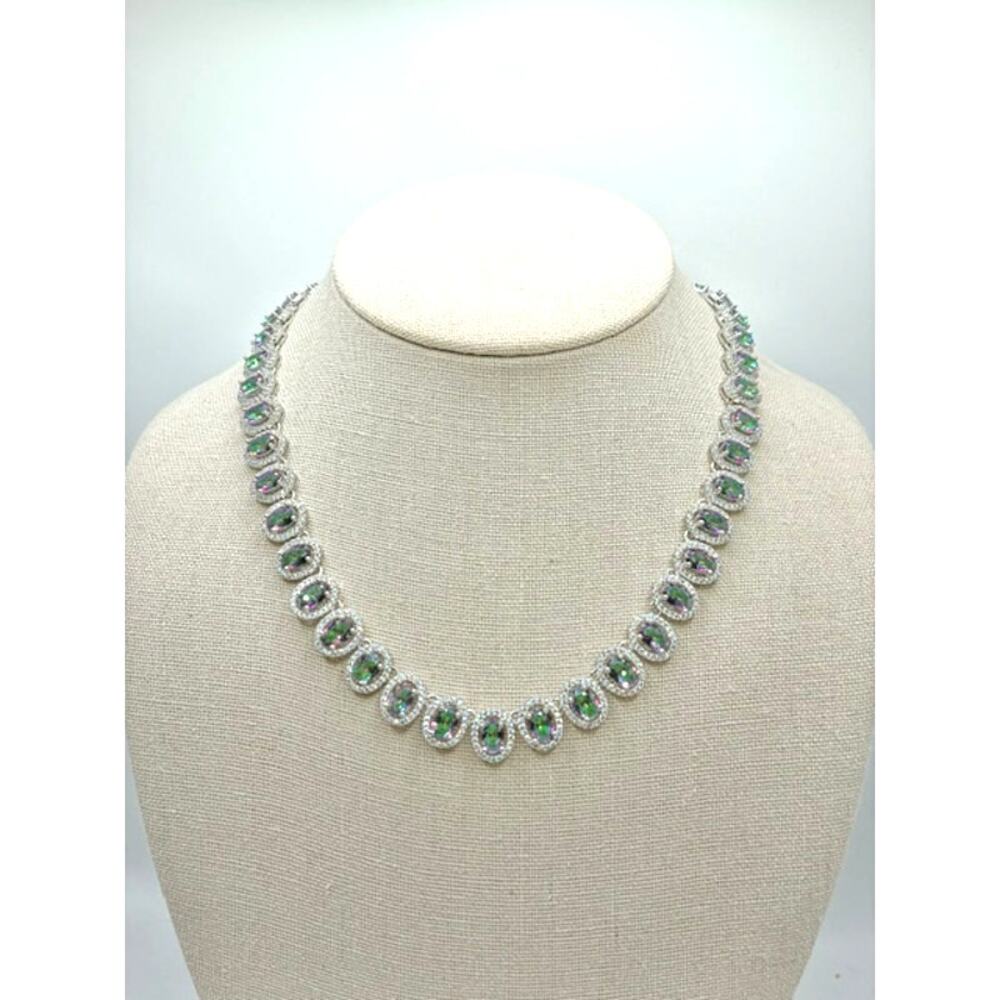 925 Sterling Silver Mystic Fire Cubic Zirconia CZ Halo Necklace